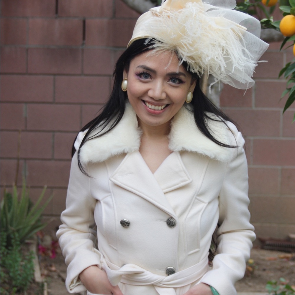 Bebe Cream Wool Coat Rabbit Fur Collar